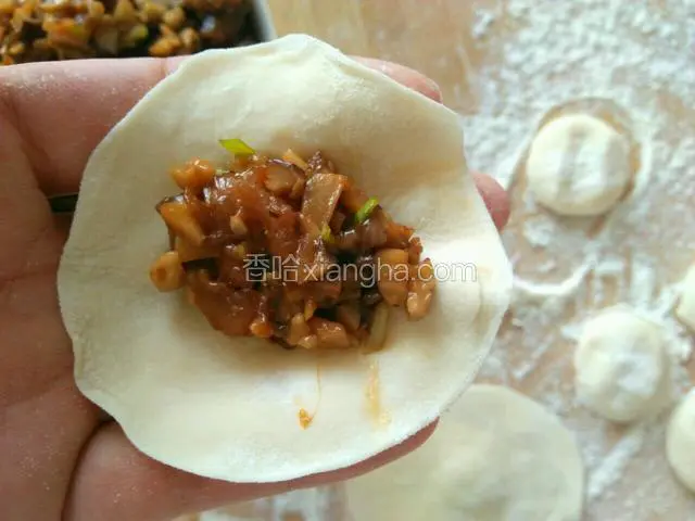 拿起饺子皮，把饺子馅放入中间位置。