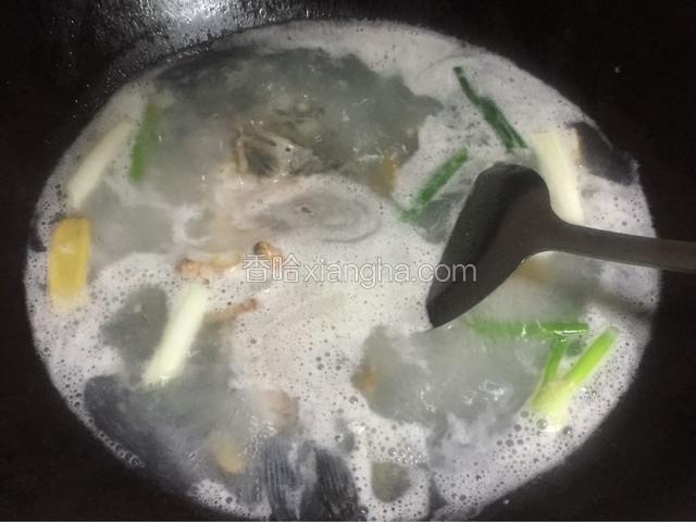 加入大骨汤（水）煮开，放入鲫鱼，胡椒，熬到鲫鱼软烂，汤变奶白