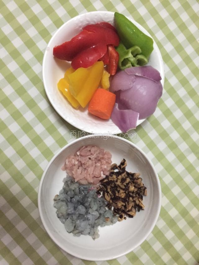 各色蔬菜、配料切碎
