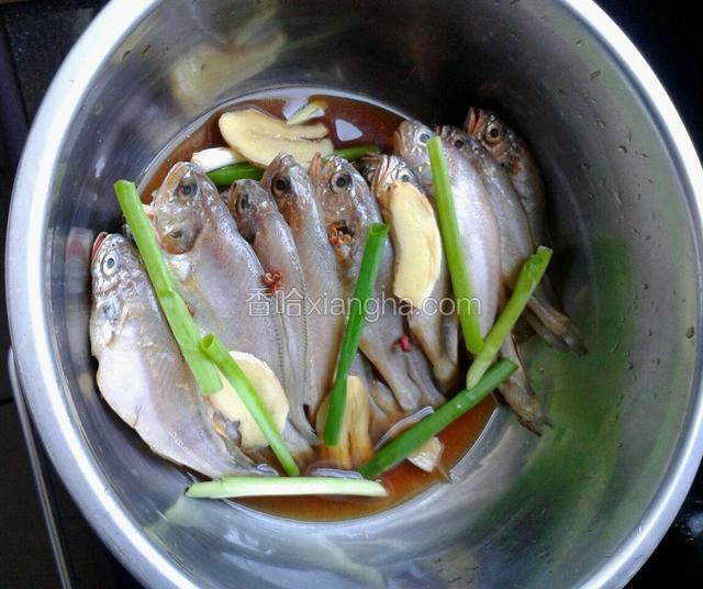 把黄花鱼去腮和内脏洗干净，用盐，料酒和五香料把黄花鱼腌制一个小时。