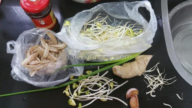 准备食材，豆芽去蒂，蒜切末，葱没用到。