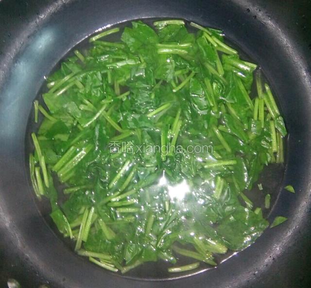 菠菜放沸水锅中焯一下，过凉水，用手挤去多余水分。