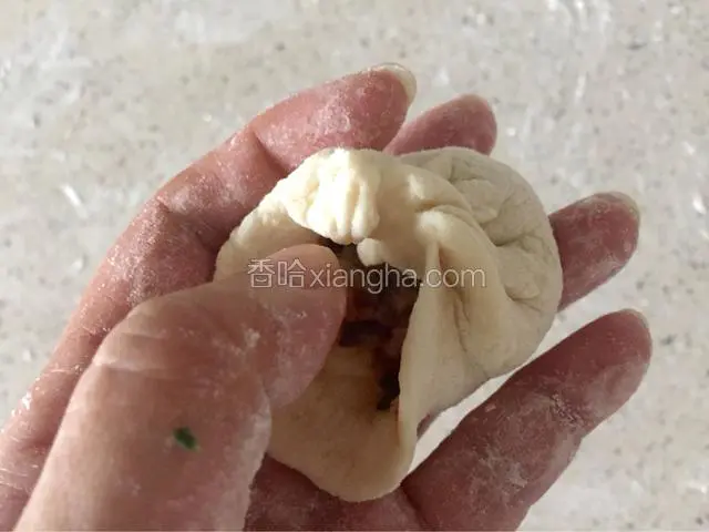 沿逆时针方向拉起皮子边缘捏包子褶。（一边做一边拍照有点不方便哦）
