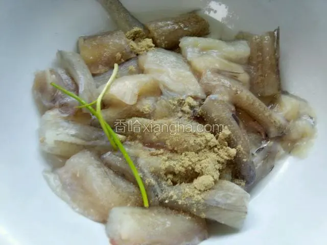 把龙头鱼剪成小段用盐，白胡椒，黄酒，小葱把龙头鱼腌制十五分钟去腥