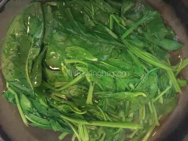 炒锅中倒入适量清水烧开后放入菠菜焯水后捞出。
