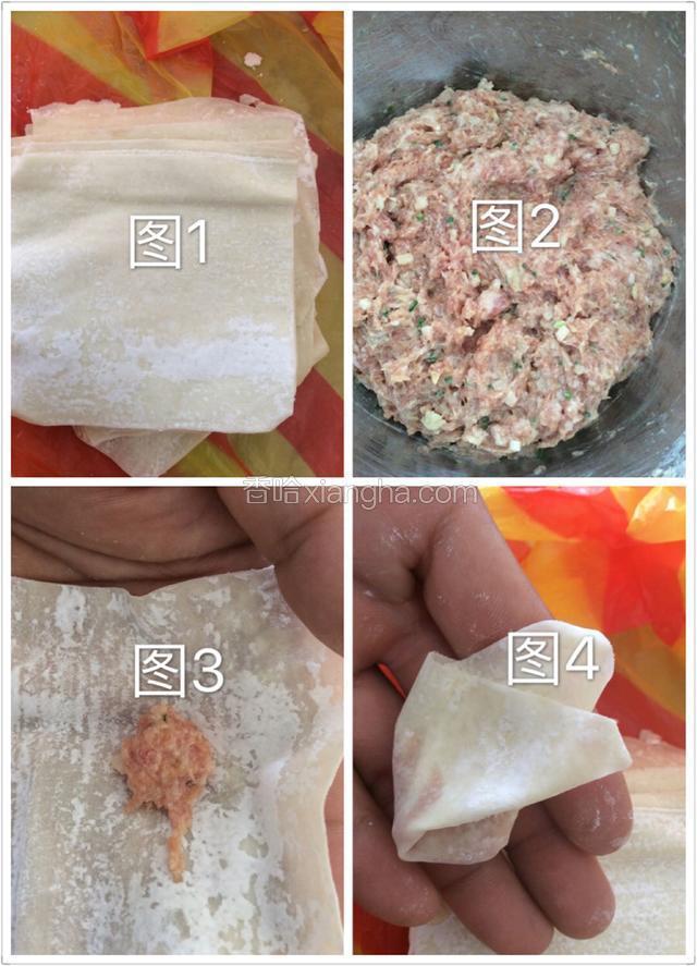 拌好的馅料、准备馄饨皮中间放入馅料，对角点水，对折用手使劲捏好即可。