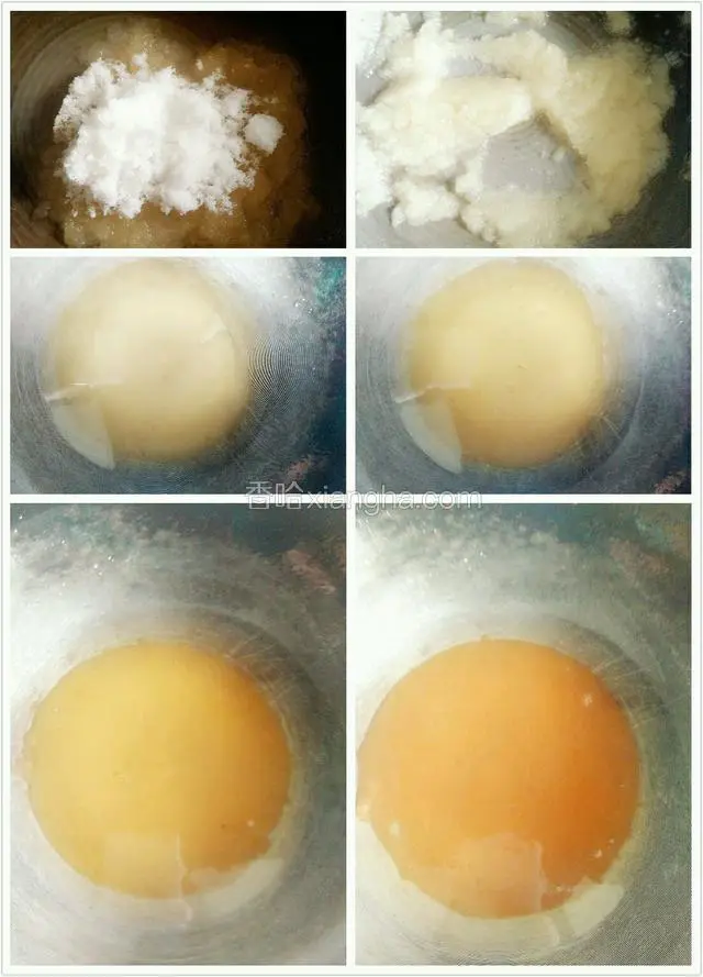 倒入白糖，用筷子不停的搅拌。直到融化，并呈现出浅琥珀色。全程小火。下图为熬糖的全程变化图解。