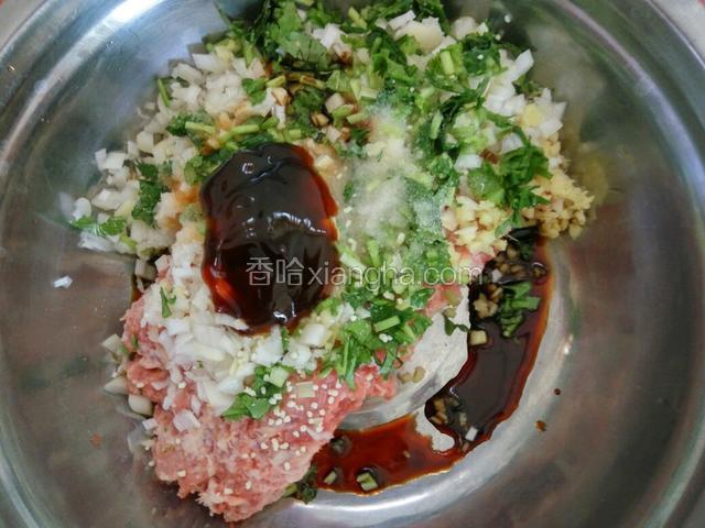 肉泥加入葱姜 香菜，加生抽 耗油  老抽 盐 料酒 白胡椒粉 鸡粉 香油
