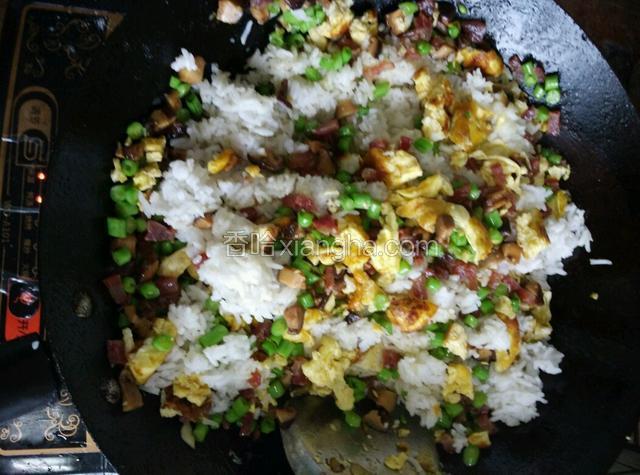 把准备好的白米饭倒入锅里，搅拌均匀