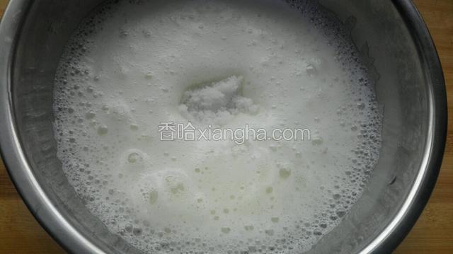 打至到粗泡时再加入20克白糖与几滴柠檬汁，没有可加两滴白醋，起去腥作用，没有可不加，继续高速打发！