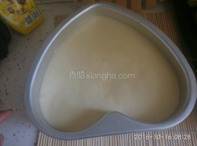 把搅拌好的面糊倒入8寸蛋糕模。端平从案上磕两三下，震掉大气泡。