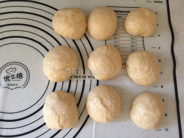 发酵面团到2倍到2.5倍大，揉匀排气分小剂子，静置松弛十五分钟