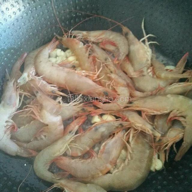 锅中放入适量的油爆香蒜末，倒入清洗干净的麻虾偏炒变红