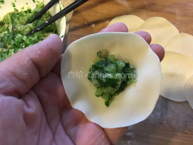 取一个饺子皮，放入适量的饺子馅儿。
