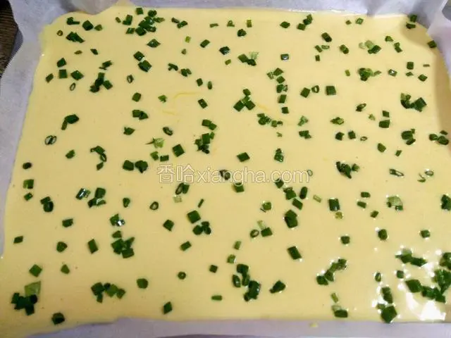 均匀的撒上葱花（多少随意，没有葱花可以用大蒜叶代替，不过需要把大蒜叶撕小一点）