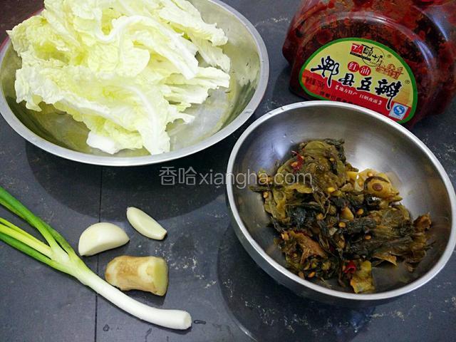 准备食材，大块的酸菜切细，

（我用的是酸菜鱼配料里的酸菜，自带辣味）