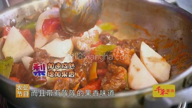 加入少量底油，将腌制后的牛肉入锅简单煸炒后，再依次加入姜、芹菜、胡萝卜、香料、番茄酱、番茄沙司、鲜番茄、梨、洋葱、生抽、腐乳，简单翻炒后，加入牛肉水（水要宽，若不够可添热水），煲煮九十分钟。