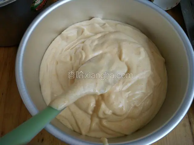 拌匀的蛋糕糊倒入八寸的戚风模具中。