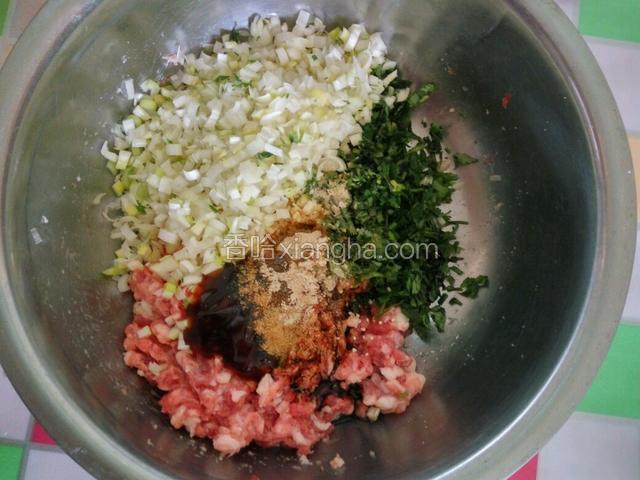 肉糜中放葱姜 香菜碎，依次加入料酒 白胡椒粉 十三香 蚝油 生抽 鸡粉 盐 食用油 