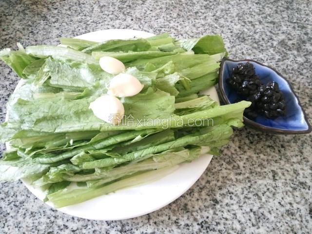 油麦菜洗净，用手揪断，蒜子剥皮