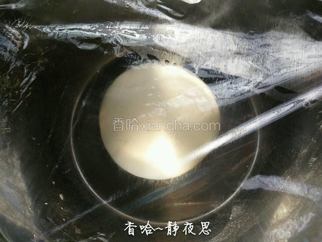 盖上保鲜膜放在二十多℃的环境中发酵，我放在太阳底下，一个多小时就发酵好了