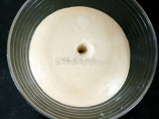 发酵至两倍大，手指沾干粉或水探入不回缩不塌陷即可。