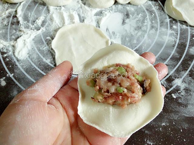 取一个小剂子擀成边缘薄中间厚的饺子皮，皮放在手心取适量的馅放在饺子皮中间。