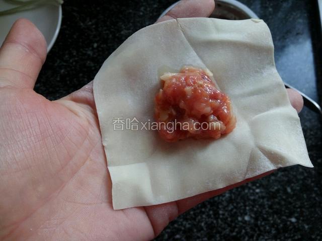 馄饨皮是买现成的，取一个馄饨皮中间放入肉馅