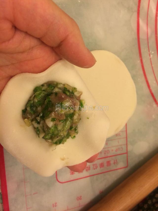 取一个饺子皮放在左手上，一勺饺子陷铺在皮中间，对折饺子皮捏紧即可