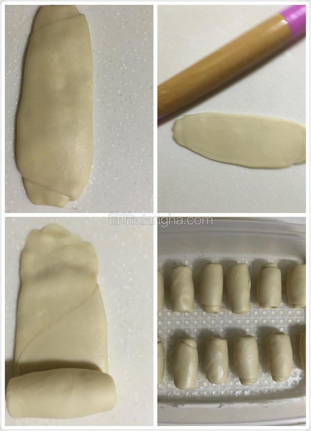 将小卷按扁擀成长片，自上向下卷起，依次包完每一个；