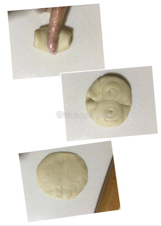 用手在中间压一下，按成类似饺子皮样的小圆片；