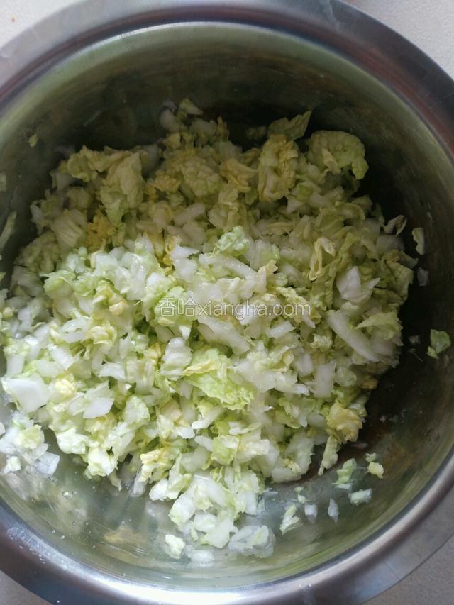 松弛面团的时候制作内馅，白菜已经切碎，调入适量盐拌匀腌制一会