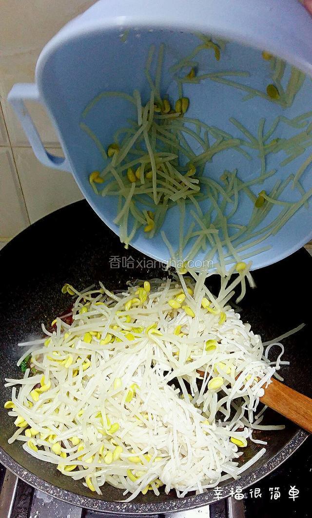 锅中作料全部融化后倒入沥尽水份的黄豆芽。