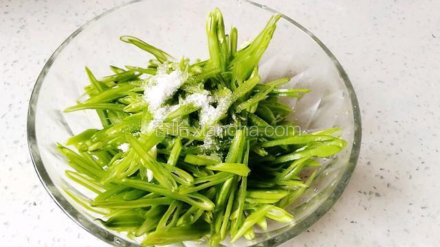 芸豆丝放玻璃碗里撒上少许盐，拌匀，腌制十分钟。十分钟后芸豆丝会变软，倒去汁水，备用！