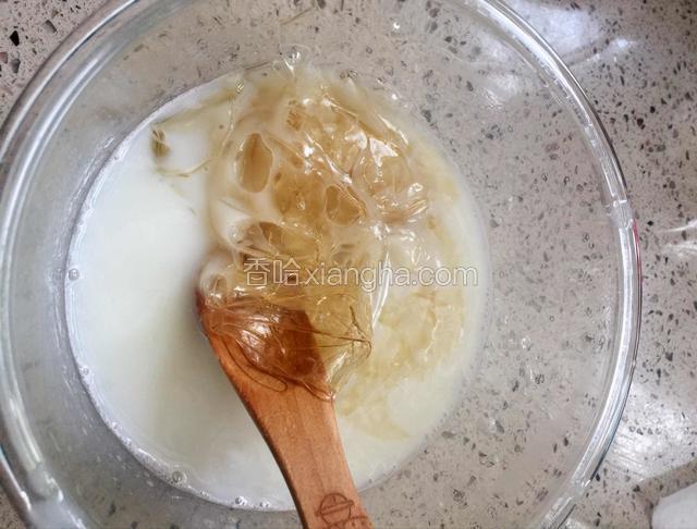 搅拌好细砂糖后放入软化好的吉利丁片（用来软化吉利丁片的冰水是用不到的）
