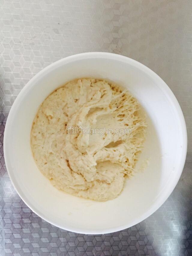 把中种材料用筷子搅拌混合一起，冷藏发酵一晚上，表面有很多气泡，扒开有很多窟窿即可。我用的是自己做的酸奶，很稠，所以中种多用了20克，水分大有利于发酵。
