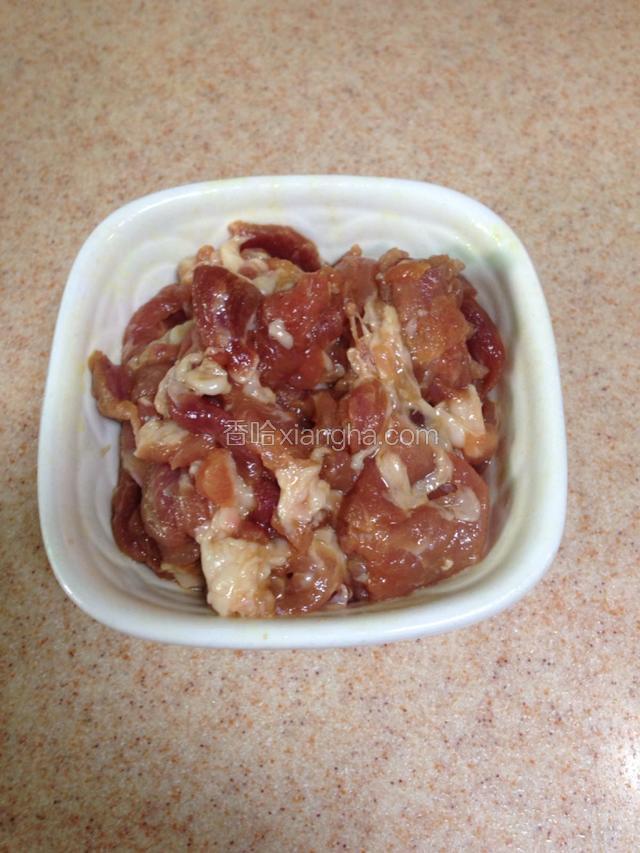 肉片加入适量的油、生抽、料酒、嫩肉粉抓匀码味。