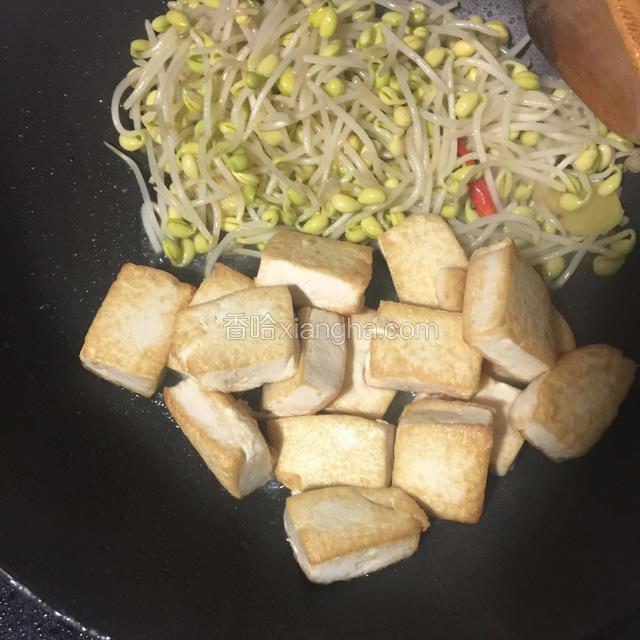豆芽推一边倒入豆腐