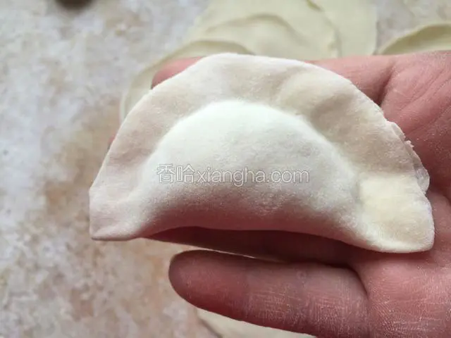 肉馅放面皮上，将面皮对折捏紧，不要捏褶。