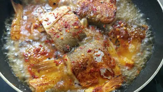 鱼块两面金黄，辣椒粉香味溢出，加入适量清水，改大火烧开