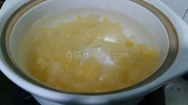 砂锅倒入凉水和银耳一同放入。大火烧开转小中火煮半个小时。