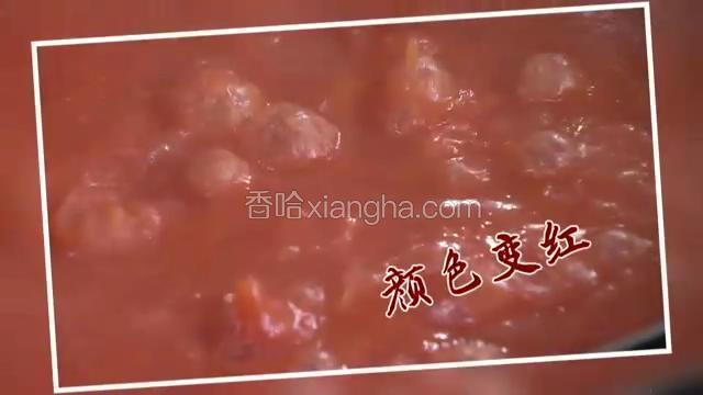 待到颜色变红，气泡均匀，便将青西红柿汁下锅，再加入酱油、牛骨汤、西红柿果肉（捞走融化不掉的西红柿皮），放入一勺白糖、半勺盐、蚝油增鲜。