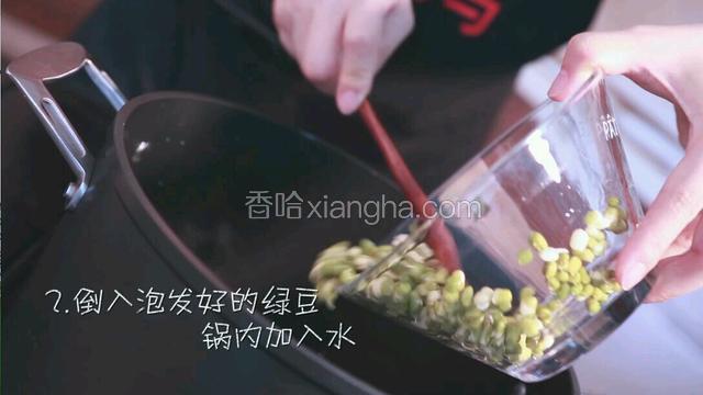 准备一个锅，倒入泡发好的绿豆，锅内加入适量的水。