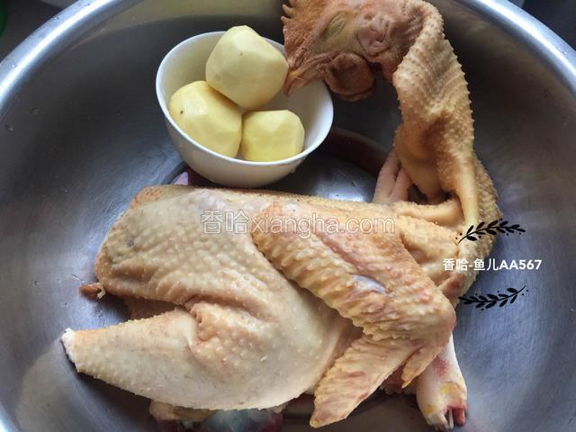 鸡去内脏和鸡屁股，摘净淋巴，土豆去皮。