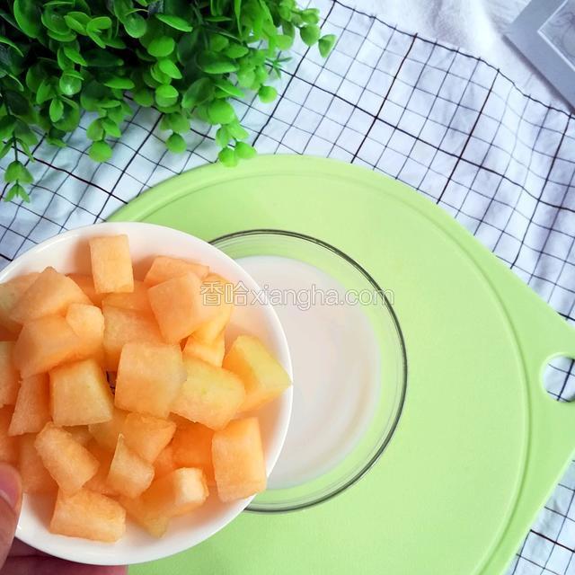 将哈密瓜倒入椰汁中