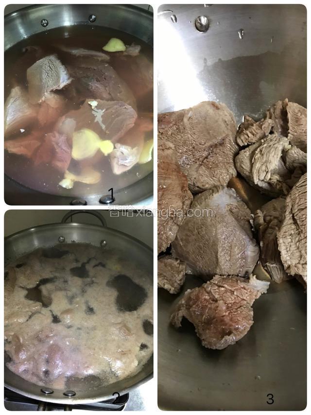 牛肉去掉筋膜，改刀切大块冷水下锅放入姜片和料酒，大火烧开后倒出用温水洗干净浮沬重新放入干净锅中。