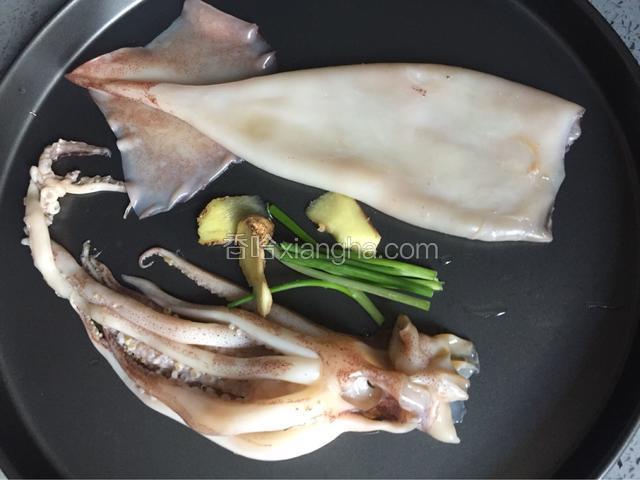 大鱿鱼掏去内脏清洗干净，生姜切片，小葱切段，