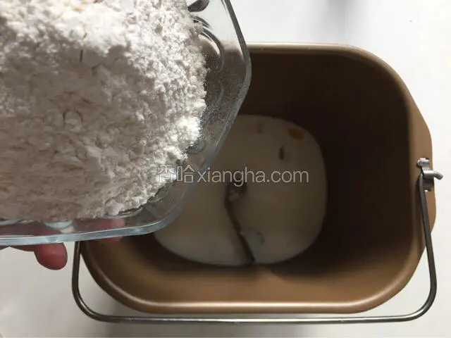 之后依次加入白砂糖和面粉、面粉两侧分别放好酵母和盐