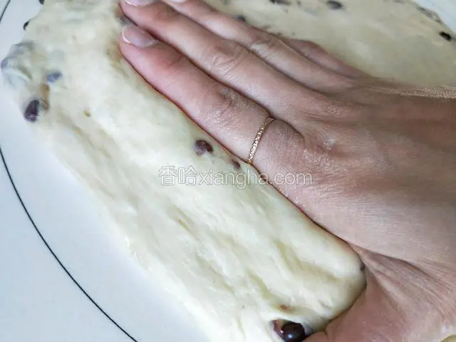将发好的面团移到揉面垫上。可以用擀面杖排气，我这个人比较懒，都喜欢用手直接按压面团……排除大气泡，如图。
