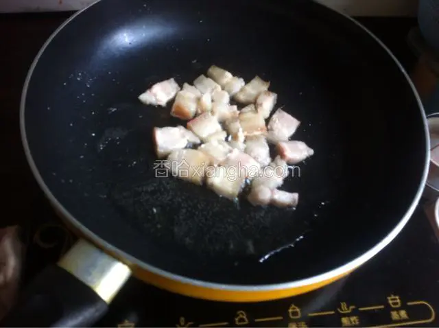 热锅放入肥肉丁煎出油